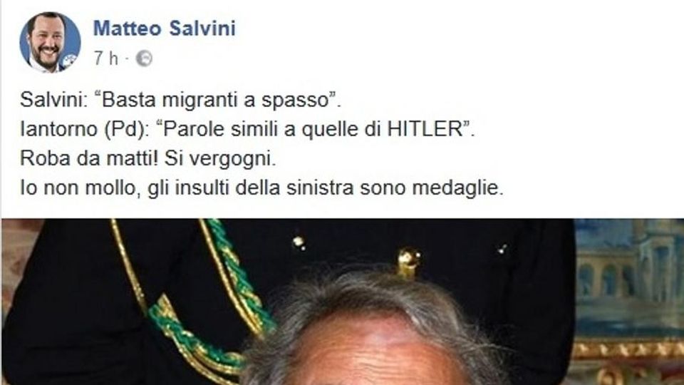 Iantorno a Salvini: «Parla come Hitler». Su Facebook la risposta Iantorno a Salvini: «Parla come Hitler». Su Facebook la risposta