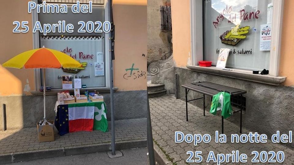 Sfregio a Cermenate Rubato il tricolore al banchetto solidale Sfregio a Cermenate Rubato il tricolore al banchetto solidale