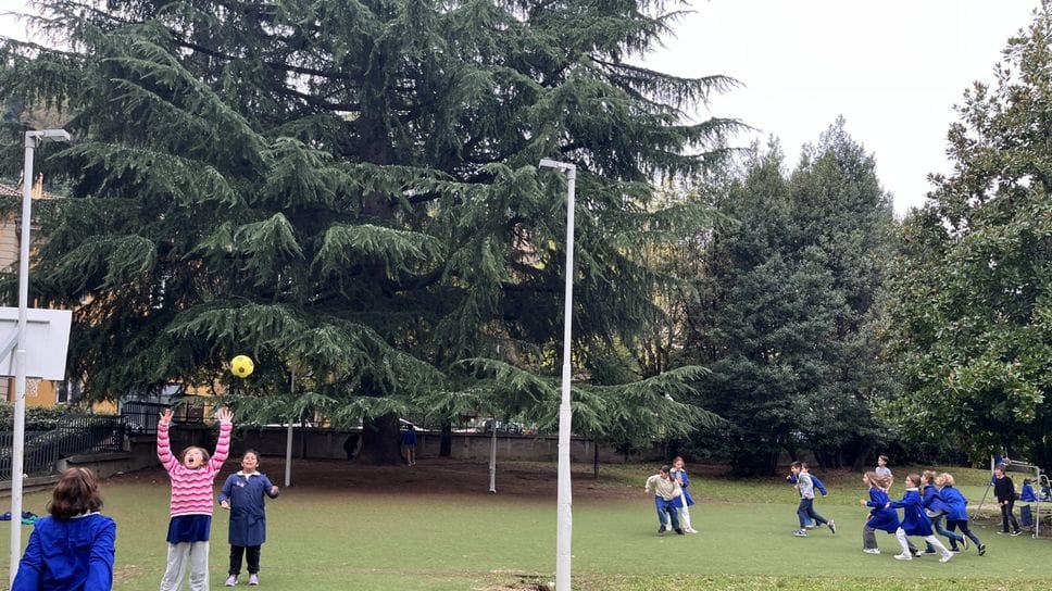 Alla Corridoni alcuni bambini giocano nell’area verde della scuola