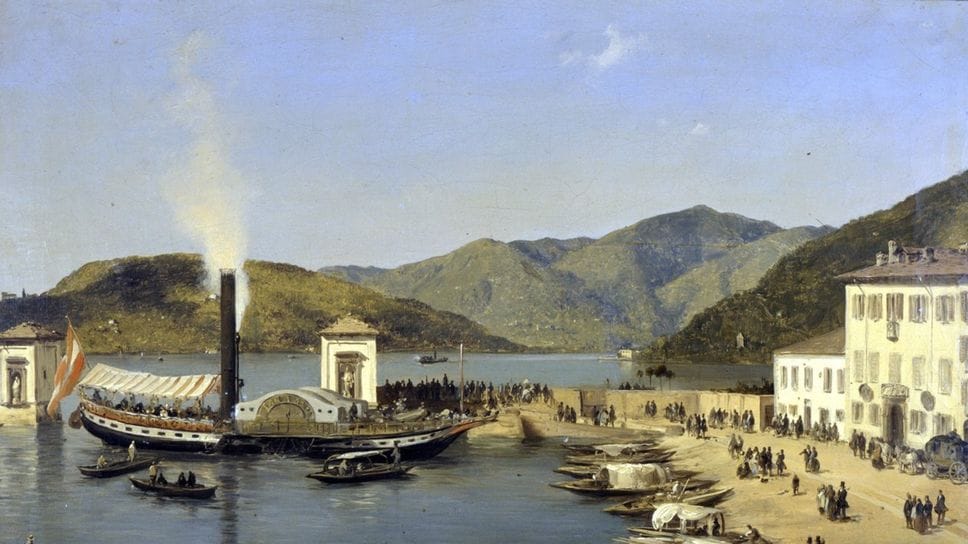Il porto di Como dipinto da Angelo Inganni del 1845 con il piroscafo “Lariano”