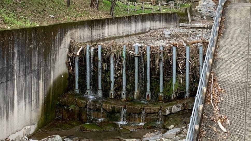La briglia sul torrente Greggio piena di detriti