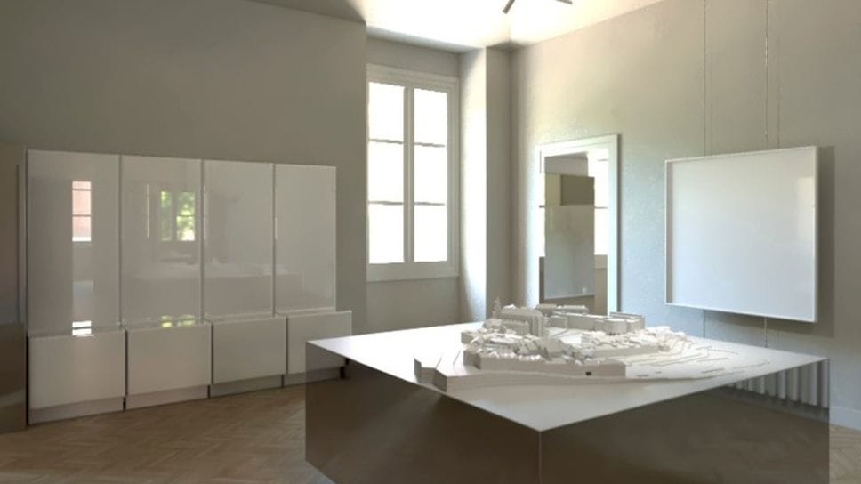 Un rendering mostra come potrebbe essere l’interno di Villa Calvi dopo i lavori per il MoMe