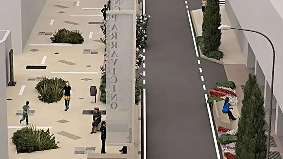 Una vista del rendering del nuovo corso 25 Aprile. Nel riquadro la situazione attuale