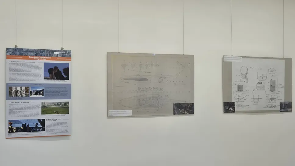 Nella sala dedicata a Guerre Stellari anche disegni originali di elementi di scena come l’avveniristica gondola