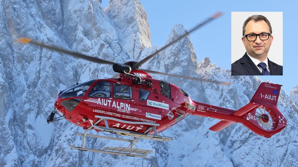 L’elicottero dell’Aiut Alpin Dolomites e, nel riquadro, l’imprenditore Gianluca Lombardi