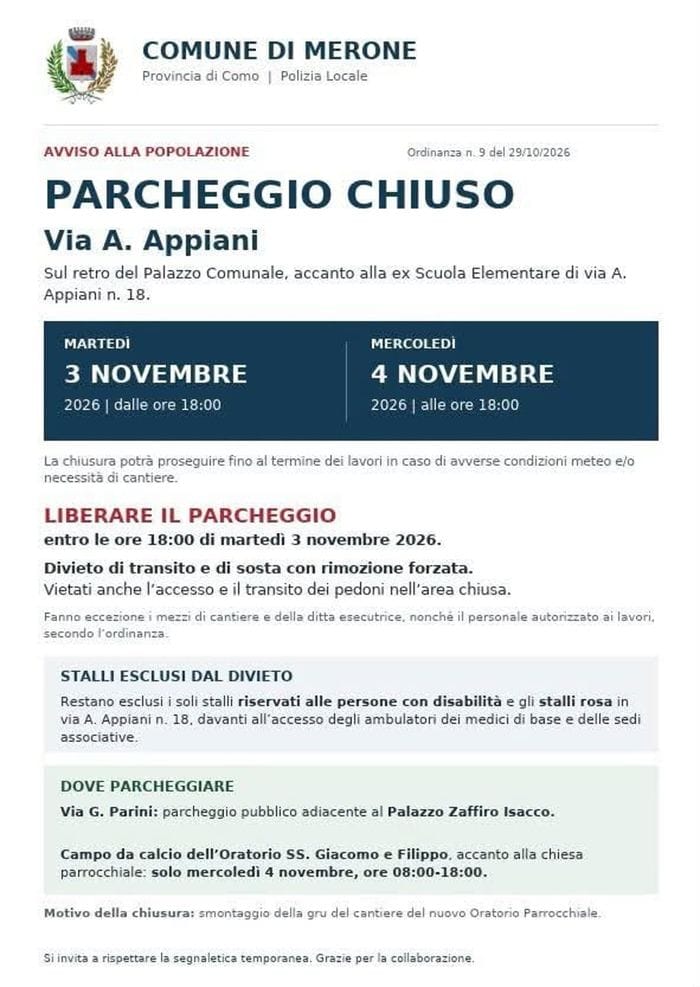 Merone, chiuso il parcheggio dietro il Comune in via Appiani