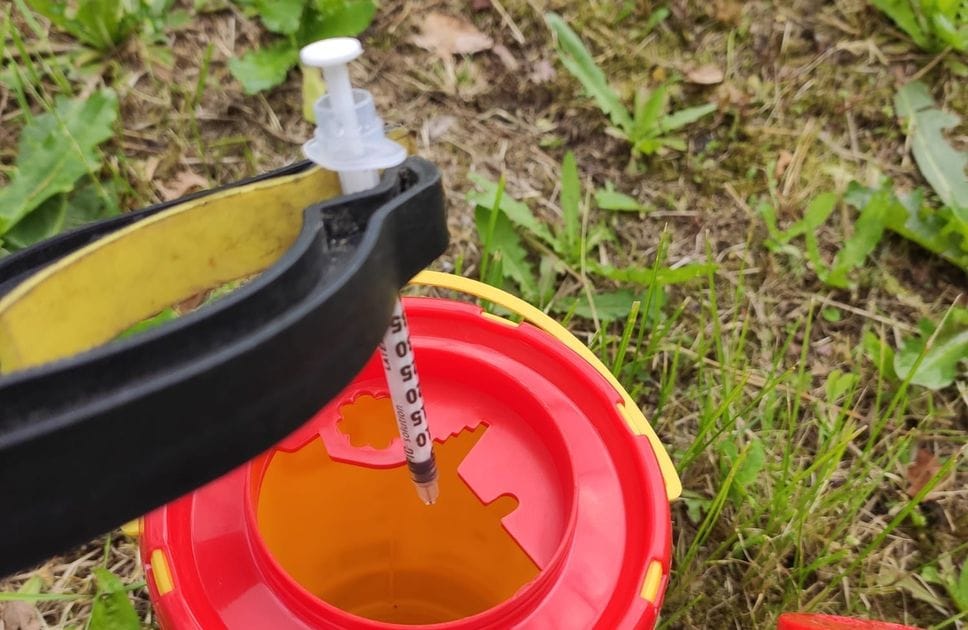 La siringa trovata in un giardino di casa in via Scalabrini a Fino Mornasco