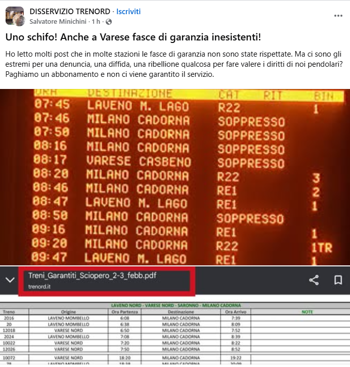 La protesta di un pendolare sul gruppo Facebook Disservizio Trenord, questa mattina