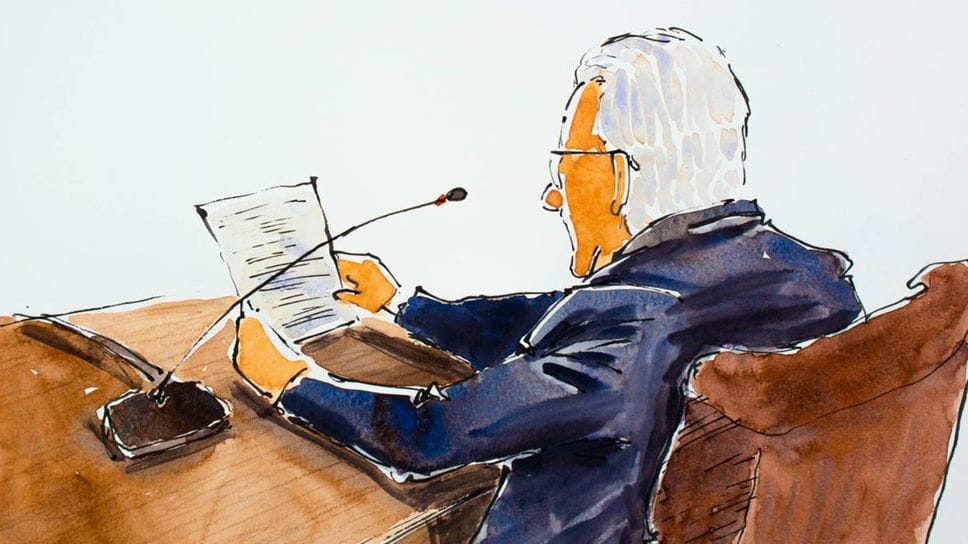 Giuseppe Calabrò disegnato dalla penna del ritrattista Andrea Spinelli nell’ultima udienza in aula a Como