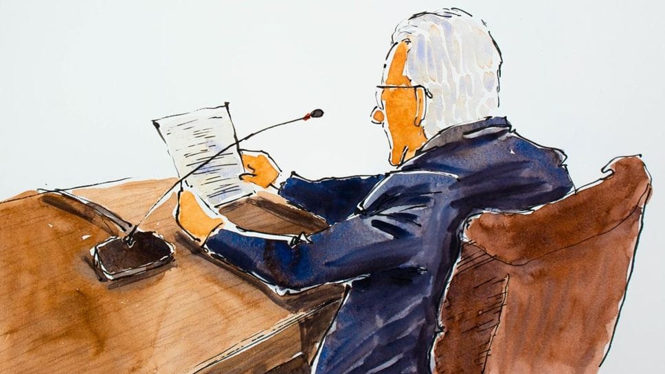 Domenico Calabrò nell’aula del Tribunale di Como, disegnato da Andrea Spinelli