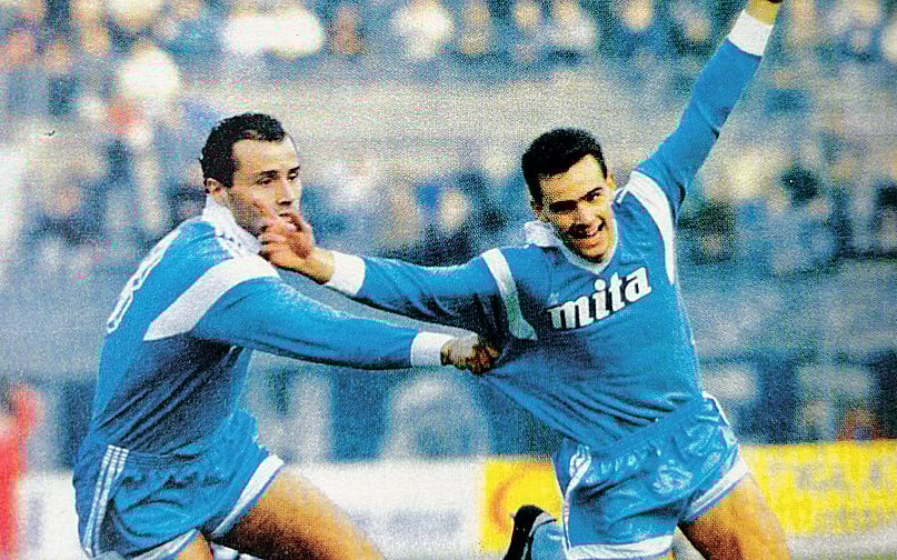 Stefano Colantuono (a sinistra) esulta insieme a Marco Simone in Como-Pisa 1-1 del 1989
