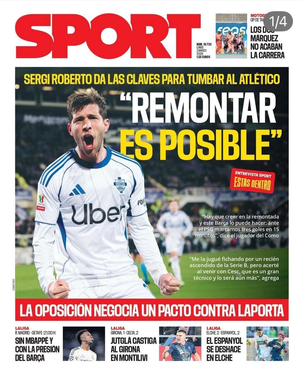 Sergi Roberto sulla copertina di “Sport” con la maglia del Como