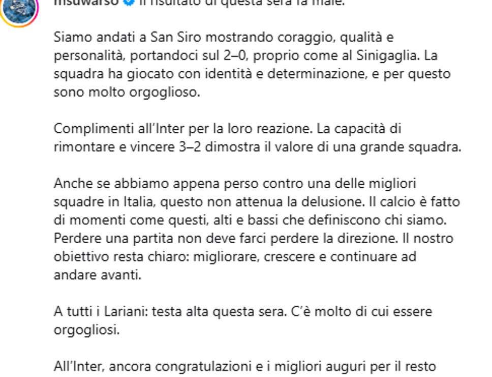 Parla il presidente Suwarso: «A tutti i lariani: testa alta questa sera. C’è molto di cui essere orgogliosi»