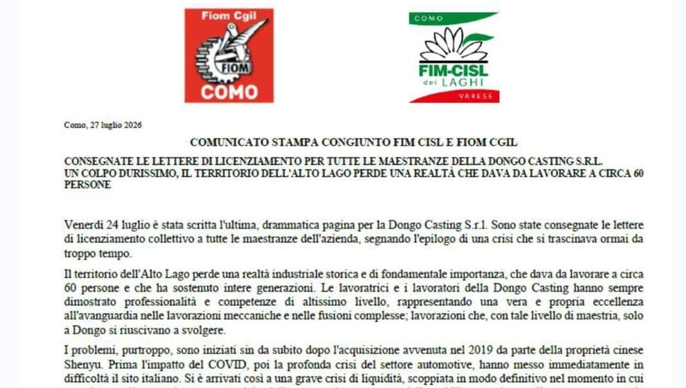 Dongo Casting, è finita: consegnate le lettere di licenziamento collettivo a 60 persone 