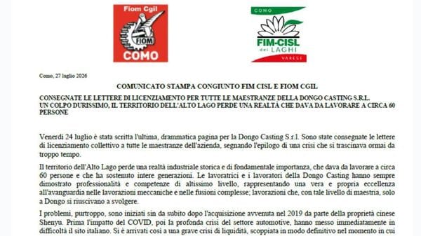 Dongo Casting, è finita: consegnate le lettere di licenziamento collettivo a 60 persone 