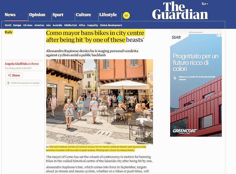 Il caso delle biciclette vietate in centro a Como finisce anche sul Guardian