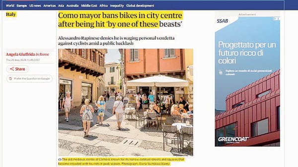 Il caso delle biciclette vietate in centro a Como finisce anche sul Guardian